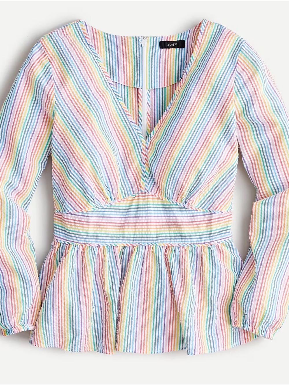 J.Crew Rainbow Seersucker Peplum Top V Neck Striped Cotton Size 2 Blouse Ruffle